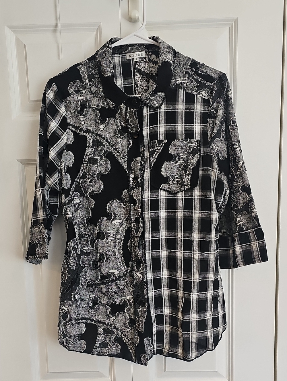 Adore Black & White Patterned Plaid Button-Up Shirt